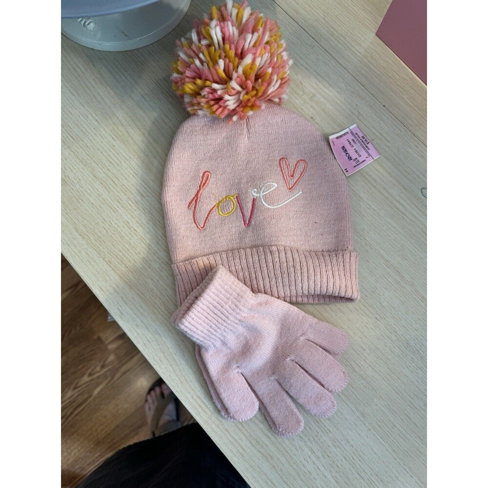 Toby & Me Girl LOVE Pink &Gold Beanie & Glove Set  Size 4-14 NWT
